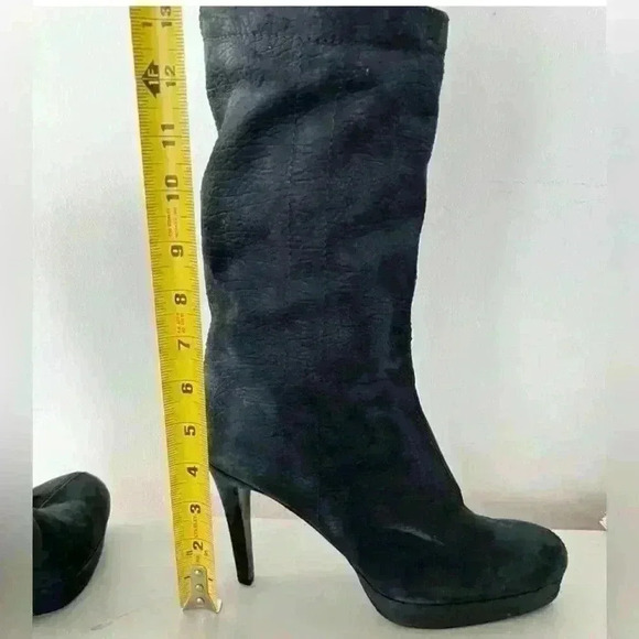 VERO CUIOIO BLACK LEATHER  FUR HEELS OVAL TOE PLATFORM BOOTS SIZE 38 - Picture 12 of 16